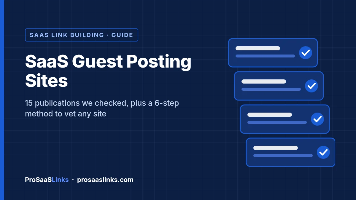 Navy ProSaaSLinks graphic titled SaaS Guest Posting Sites, with four checked publication cards and the line: 15 publications we checked, plus a 6-step method to vet any site