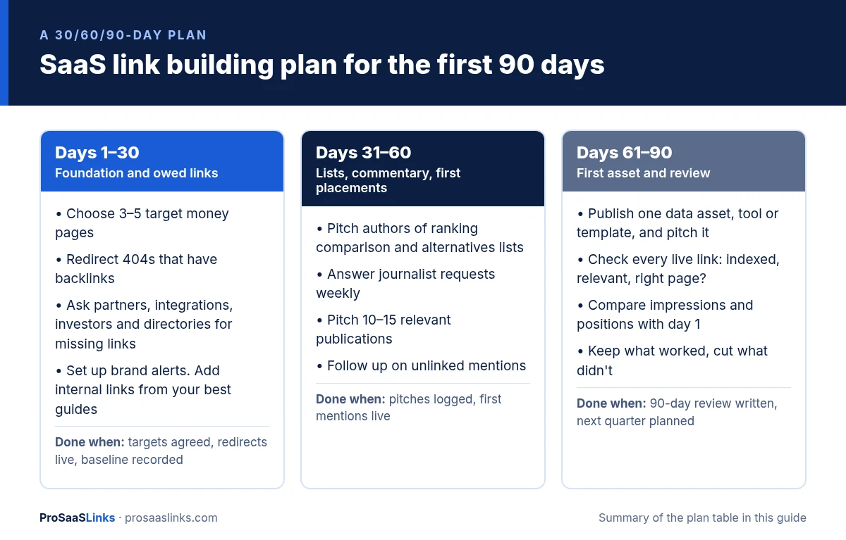 30/60/90-day SaaS link building plan: days 1 to 30 foundation and owed links, days 31 to 60 lists, journalist commentary and first placements, days 61 to 90 first data asset and a review against the day-one baseline