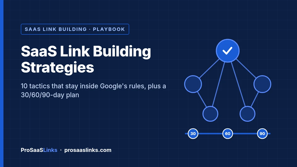 Navy ProSaaSLinks graphic titled SaaS Link Building Strategies, with a link diagram and a 30, 60, 90-day timeline for 10 tactics inside Google's rules